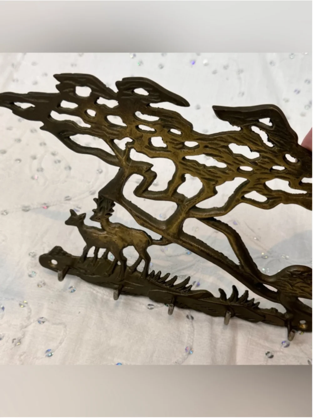 Vintage Mid Century Solid Brass Deer & Pine Tree Wall Key Rack- 5 Hooks 12”